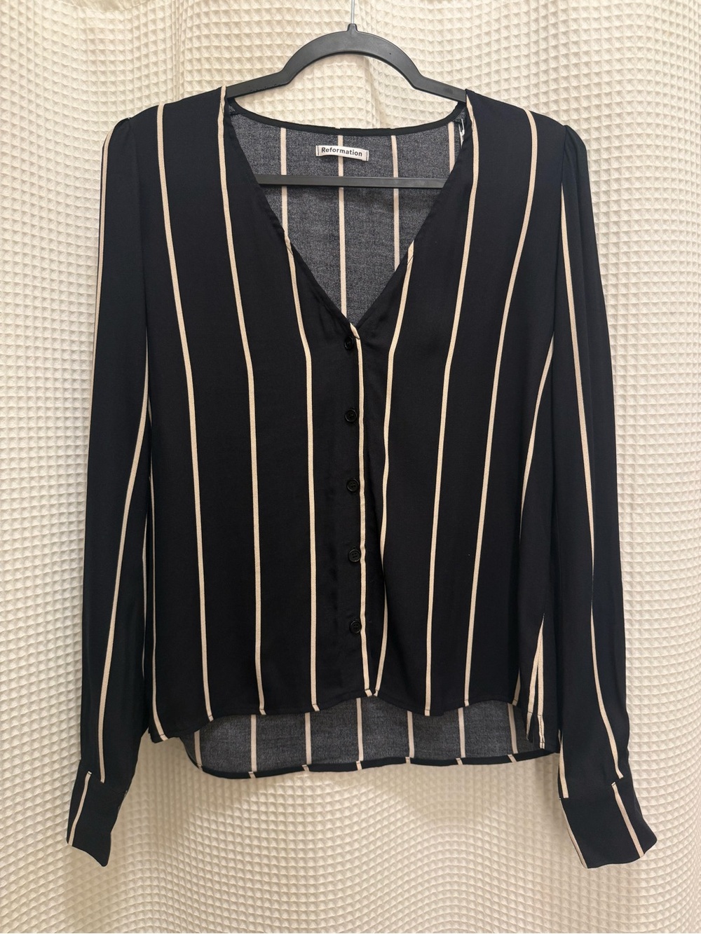 Reformation Black Blouse with Cream Vertical Stripes Button-Down